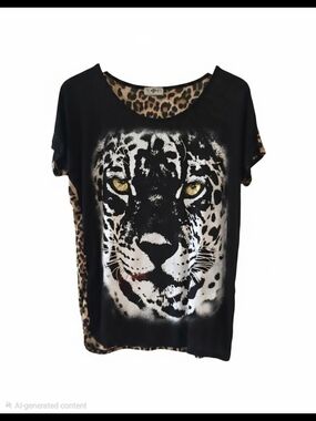 Free Kisses Black Tee with Leopard Face and Leopard-Print Trim